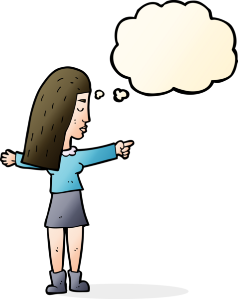 Bir insan tarafından çizilmiş düşünce balonuyla işaret eden çizgi film kadını.