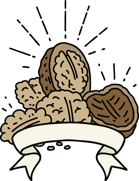 Dövme tarzı ceviz ve bir insan tarafından çizilmiş kabuklu parşömen.