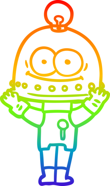 Gökkuşağı gradyan çizgisi mutlu bir karton robot çizimi ve bir insan tarafından çizilmiş ampul.