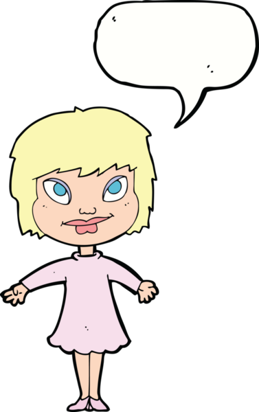 Bir insan tarafından çizilmiş konuşma baloncuğuyla omuz silken çizgi film kızı.