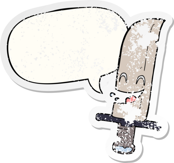 Bir insan tarafından çizilmiş, kederli, eski bir çıkartma, konuşma balonuyla gülen bir çizgi film bıçağı.