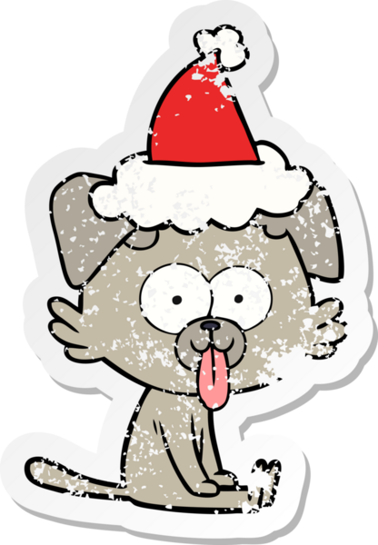Bir insan tarafından çizilmiş Noel Baba şapkası giymiş, dili dışarı çıkmış, oturan bir köpeğin çizilmiş el yazısı.