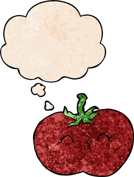 Düşünce baloncuklu çizgi film domatesi. Bir insan tarafından çizilmiş grunge desen tarzı.