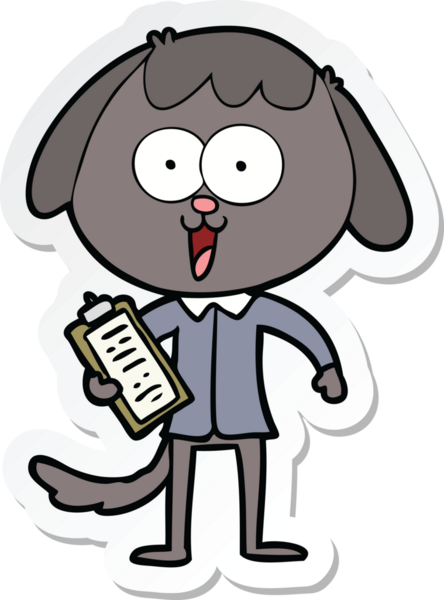 Bir insan tarafından çizilmiş ofis gömleği giyen sevimli bir köpeğin çıkartması.