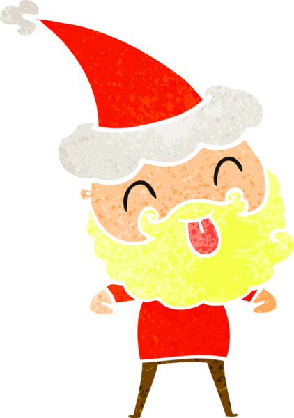 Bir insan tarafından çizilmiş Noel Baba şapkası takan sakallı bir adam.