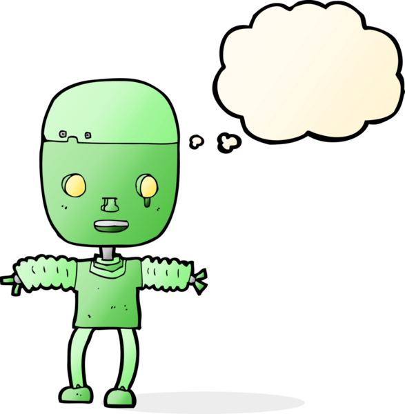 Bir insan tarafından çizilmiş düşünce baloncuklu çizgi film robotu