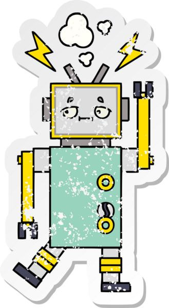 Bir insan tarafından çizilmiş sevimli bir robot çizgi film çıkartması.