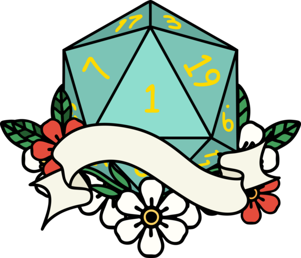 Retro Dövme Biçimi Doğal Bir d20 zar bir insan tarafından çizildi