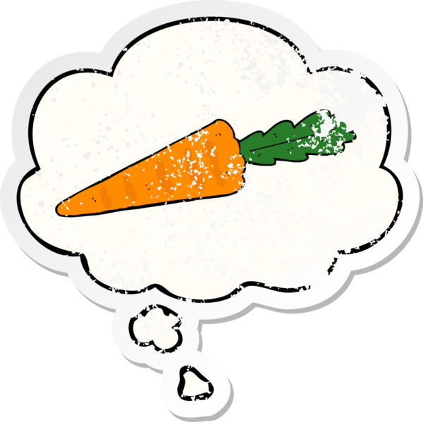 Düşünce baloncuklu çizgi film havucu insan tarafından çizilmiş yıpranmış bir çıkartma gibi.