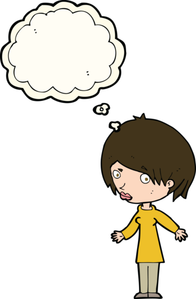 Bir insan tarafından çizilmiş düşünce baloncuğuyla omuz silken çizgi film kadını.