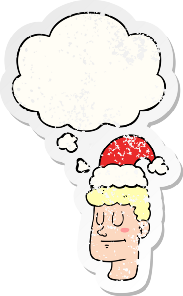Düşünce baloncuklu noel şapkası takan karikatürcü, insan tarafından çizilmiş yıpranmış bir çıkartma.