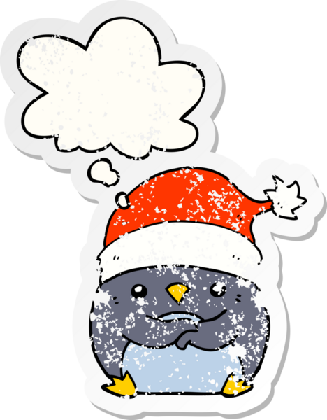 Düşünce baloncuklu Noel şapkası takan sevimli penguen dertli bir insan tarafından çizilmiş bir çıkartma.