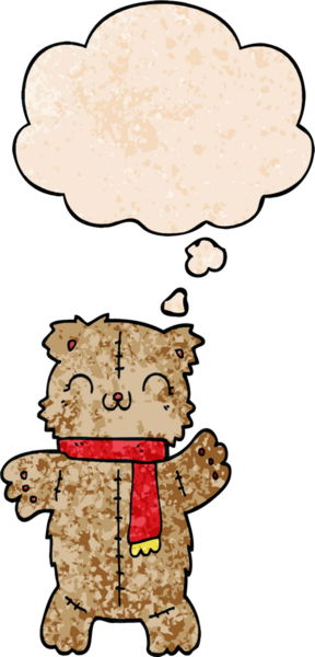 Bir insan tarafından çizilmiş grunge desenli düşünce baloncuklu çizgi film oyuncak ayısı.