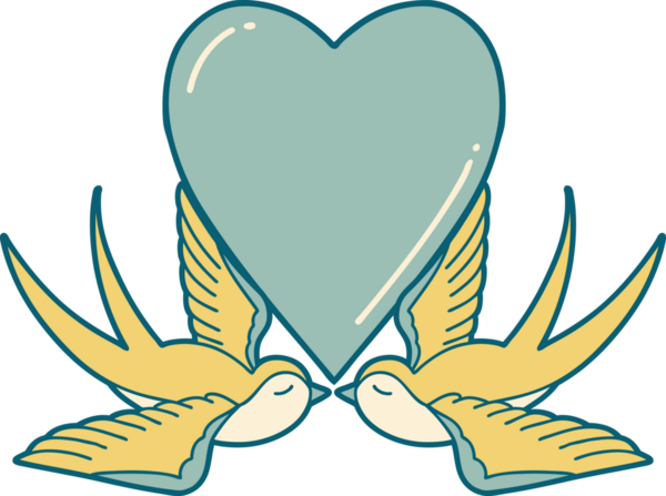 Kırlangıçların ikonik dövme şekli ve bir insan tarafından çizilmiş bir kalp.