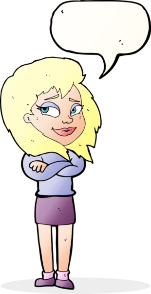 Bir insan tarafından çizilmiş konuşma balonlu çapraz kollu bir karikatür kadın.