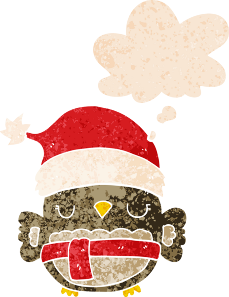 Sevimli noel baykuşu. Düşünce baloncuğu, grunge 'da sıkıntılı retro stili bir insan tarafından çizilmiş.