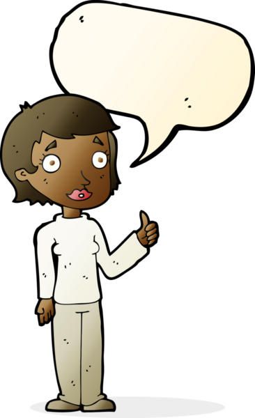 Bir insan tarafından çizilmiş konuşma baloncuğuyla baş parmak işareti yapan çizgi film kadını.