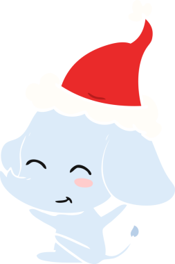 Bir insan tarafından çizilmiş Noel Baba şapkası takan bir filin düz renkli çizimi.