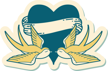 Geleneksel kırlangıç stili dövme çıkartması ve bir insan tarafından çizilmiş sancaklı bir kalp.