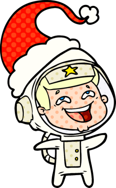 Bir insan tarafından çizilmiş Noel Baba şapkası giymiş gülen bir astronotun el çizimi çizgi roman çizimi.