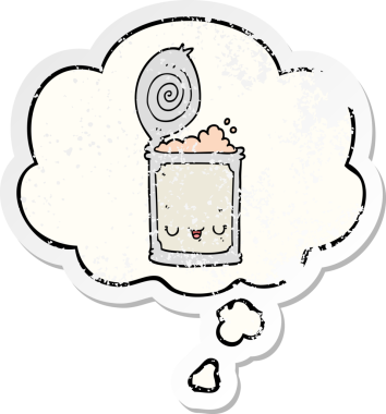 Düşünce baloncuklu konserve yiyecekler insan tarafından çizilmiş yıpranmış bir çıkartma gibi.