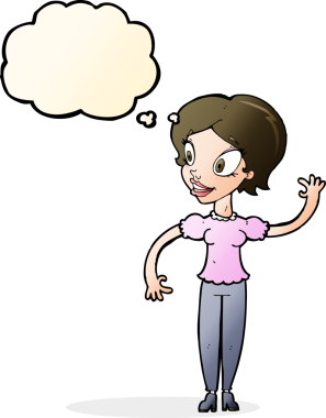 Bir insan tarafından çizilmiş düşünce baloncuğuyla el sallayan çizgi film kadını.