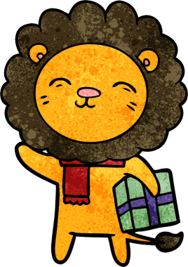 Bir insan tarafından çizilmiş noel hediyeli çizgi film aslanı.