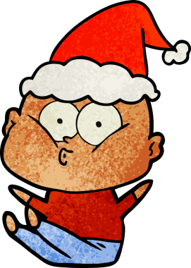 Bir insan tarafından çizilmiş Noel Baba şapkası giymiş kel bir adamın el çizimi karikatürü.