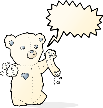 Bir insan tarafından çizilmiş konuşma balonlu yırtık kollu oyuncak kutup ayısı.