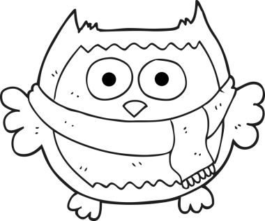 Bir insan tarafından çizilmiş eşarp takan siyah beyaz bir baykuş.