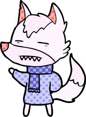 Bir insan tarafından çizilmiş kışın giydirilmiş kurt çizgi filmi.