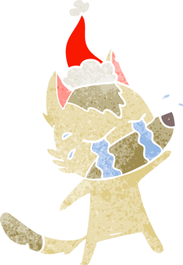 Ağlayan bir kurdun insan tarafından çizilmiş Noel Baba şapkası taktığı eski bir karikatür.