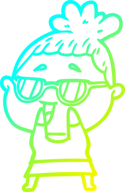 Bir insan tarafından çizilmiş gözlük takan mutlu bir kadının çizgi film çizimi.