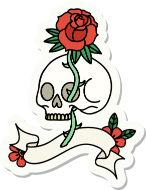 Bir insan tarafından çizilmiş kafatası ve gül şeklinde dövme stili.