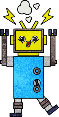 Bir insan tarafından çizilmiş mutlu bir robotun retro grunge dokusu.