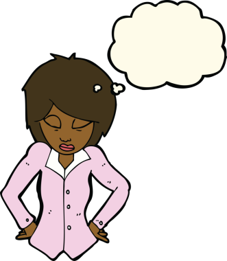 Bir insan tarafından çizilmiş düşünce baloncuğu olan elleri kalçasında çizgi film kadını.