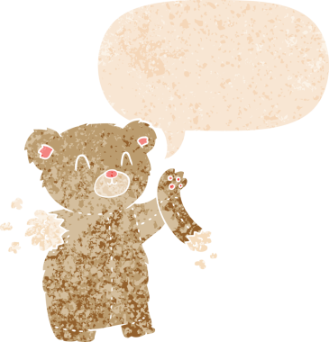 Yırtık kollu çizgi film ayıcığı grunge 'da konuşma baloncuğu olan, bir insan tarafından çizilmiş, sıkıntılı, eski moda bir oyuncak ayı.