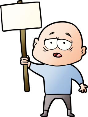 Bir insan tarafından çizilmiş yorgun, kel bir adam.