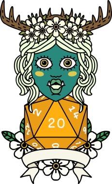 Retro Dövme Biçimli Ork karakteri bir insan tarafından çizilmiş 20 zar ile