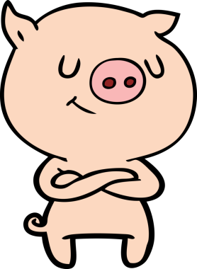 Bir insanın çapraz kollarıyla çizdiği mutlu çizgi film domuzu.