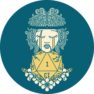 Bir insan tarafından çizilmiş doğal bir D20 ile ağlayan insan barbarlığının simgesi.