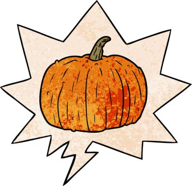 Cadılar Bayramı balkabağı çizgi filmi, balkabağı ve insan tarafından çizilmiş retro dokuma şekli.