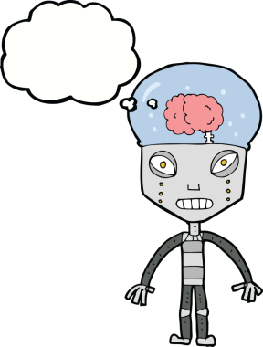 Bir insan tarafından çizilmiş düşünce baloncuğu olan garip bir robot.