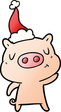Bir insan tarafından çizilmiş Noel Baba şapkası giymiş bir domuzun el çizimi karikatürü.