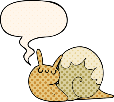 Bir insan tarafından çizilmiş çizgi roman tarzında konuşma balonu olan sevimli çizgi film salyangozu.