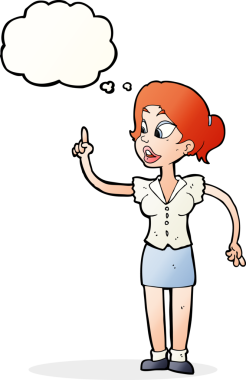 Bir insan tarafından çizilmiş düşünce baloncuğuyla harika bir fikri olan çizgi film kadını.