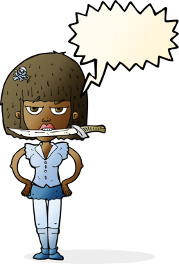 Bir insan tarafından çizilmiş konuşma baloncuğuyla dişlerinin arasında bıçak taşıyan çizgi film kadını.