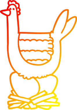 Yuvada bir insan tarafından çizilmiş yumurtaların üzerinde oturan bir tavuk çizgi çizimi