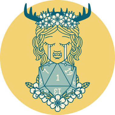 Retro Dövme Tarzı Hüzünlü Yarı Ork Druid Karakteri Bir zar bir insan tarafından çizilmiş