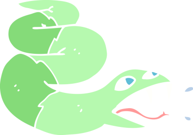 Bir insan tarafından çizilmiş düz renkli tıslayan yılan çizgi filmi.